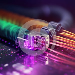 Glowing optical fiber cable or wire, fibre optics future technologies. Speed internet connection, network communication