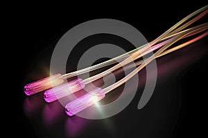 Glowing optical fiber cable or wire realistic vector, fiber optics future technologies. Speed internet connection, network