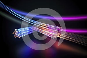 Glowing optical fiber cable or wire realistic vector, fiber optics future technologies. Speed internet connection, network