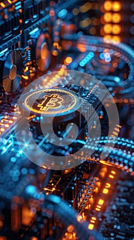 A glowing orange Bitcoin sits on a computer motherboard with blue and orange lights