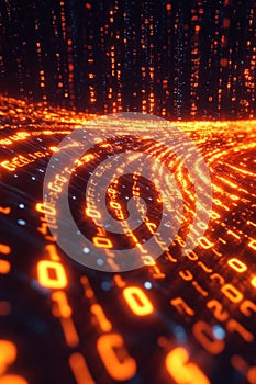 Glowing Orange and Blue Binary Code Swirling in Concentric Circles Abstract Digital Background