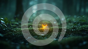 Glowing Orange Butterfly in Dark Forest at Night