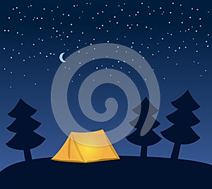 Glowing orange camping tent among fir trees at night, under clear skies with moon and stars, vector