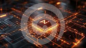 Glowing Orange Microprocessor on Dark Circuit Board