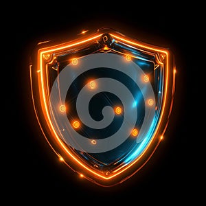 Glowing orange node digital shield icon representing cybersecurity and data protection