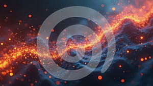 Glowing Orange Particles Flowing Over Dark Blue Wavy Surface