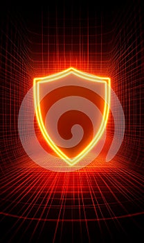Glowing orange shield symbol in a dark grid background, representing security and protection