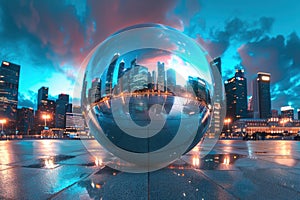 Glowing orb powering advanced society, wide angle, twilight, futuristic cityscape , advertise photo