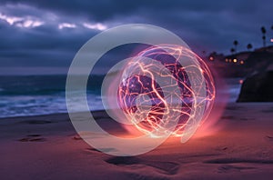 Glowing orb on twilight beach