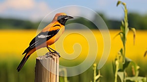 Glowing Oriole Poses In Lush Field Of Corn