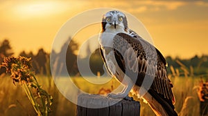 Glowing Osprey Perched On Fence Post In Lush Cornfield photo