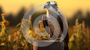 Glowing Osprey Perched On Wooden Post In Lush Cornfield