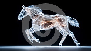 Glowing outline of a galloping horse in motion against dark background photo