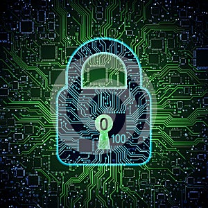 Glowing Padlock with Binary Code on Circuit Board security