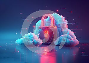 Glowing padlock with cloud computing symbol,y and Data Protection in Concept in Cloud Technology