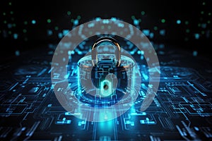 Glowing padlock with computer circuit board, created using generative ai technology