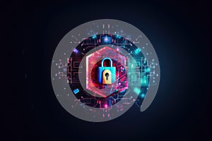 Glowing padlock with computer circuit board, created using generative ai technology