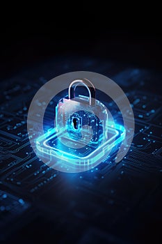 Glowing padlock with computer circuit board, created using generative ai technology