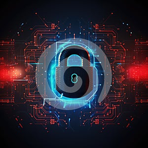 Glowing padlock with computer circuit board, created using generative ai technology