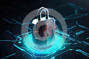 Glowing padlock with computer circuit board, created using generative ai technology
