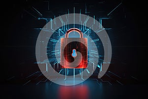 Glowing padlock with computer circuit board, created using generative ai technology