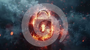 Digital Security Padlock Technology on Fire Cloud Background for Privacy Protection