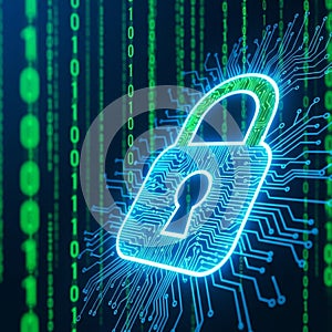 Glowing padlock icon on digital binary code background