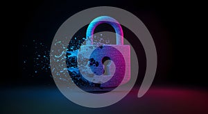 Glowing Padlock Security Concept with Abstract Data Stream Effect