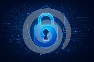 Digital Security Concept with Lock and Shield Illustration in Blue Background