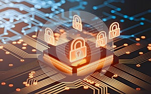 Glowing padlocks symbolize digital security and data protection