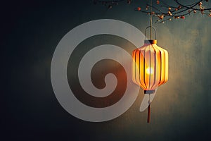 glowing paper lantern hangs softly in dark