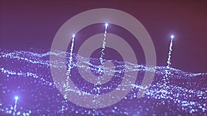 Glowing particles dynamic background, science fiction or microcosm. Motion. Wavy pattern of shining stars and flying