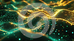 Glowing particles forming dynamic data waves across a digital network