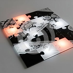 Glowing pieces in a black and white puzzle.