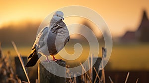 Glowing Pigeon Perched On Fence Post In Golden Light