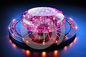 glowing pink artificial intelligence in the form of a cyber brain with backlight on the sides and wired connections,