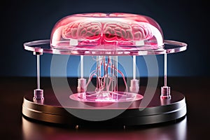 glowing pink artificial intelligence in the form of a cyber brain with backlight on the sides and wired connections,