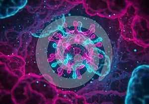 Glowing Pink And Blue Virus Cell Microscopic 3D Render