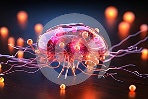 a glowing pink brain with lights on it\'s sides and wires, dark background, bioluminescence, computer rendering, 3d model