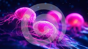 Glowing Pink Cells in Dark Blue Background