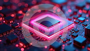 Glowing pink computer processor circuit board with intricate details. Digital technology, electronic hardware, processing power.