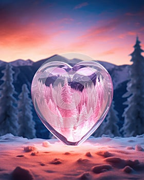 A glowing pink glass against the wintry mountain landscape symbolizes warmth and comfort during challenging times, ar 4:5