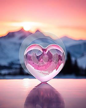 A glowing pink glass against the wintry mountain landscape symbolizes warmth and comfort during challenging times, ar 4:5