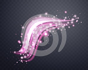 Glowing pink lines. Neon realistic energy speed. Abstract light effect on a dark transparent background. Vector