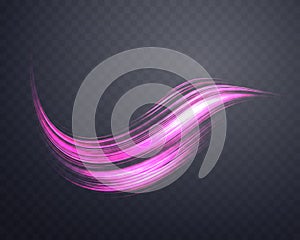 Glowing pink lines. Neon realistic energy speed. Abstract light effect on a dark transparent background. Vector