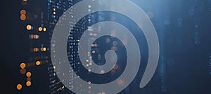 Glowing pixelated data stream on digital interface with binary code encryption concept.