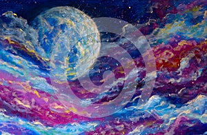 Glowing planet on blue purple starry night space sky