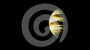 Glowing planet rotating on black background, abstract scientific background. Beutiful golden planet spinning in space