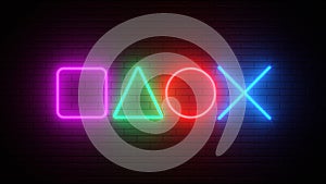 Glowing playstation buttons icon. Neon sign on a brick wall. Abstract background, spectrum vibrant colors. 3d render illustration