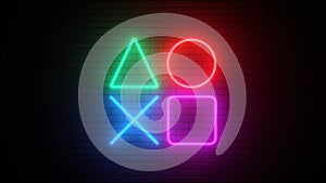 Glowing playstation buttons icon. Neon sign on a brick wall. Abstract background, spectrum vibrant colors. 3d render illustration photo
